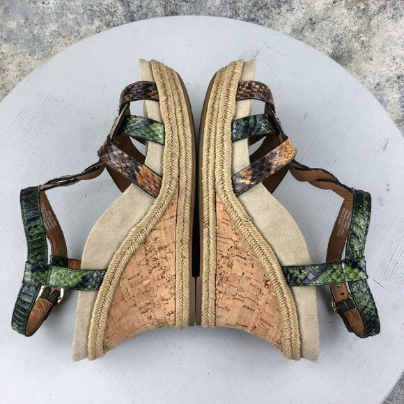 Earthies Women's Size 8.5B Corsica Green Leather Open Toe Espadrille Wedges - Picture 10 of 16